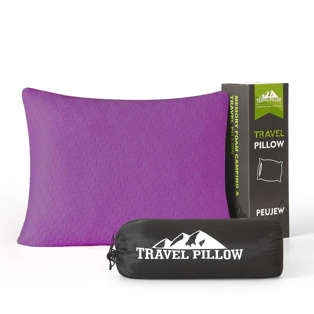 PEUJEW travel pillow in compact travel bag for easy packing on trips
