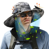 pewjury wide-brim solar fan hat front view shows hands-free cooling for fishing