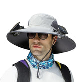 pewjury wide brim solar fan hat front view shows cooling in bright sun.