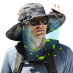 pewjury wide-brim solar fan hat front view shows hands-free cooling for fishing