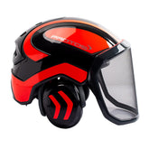 Pfanner Protos integral arborist helmet in black neon red, front view with enhanced head protection