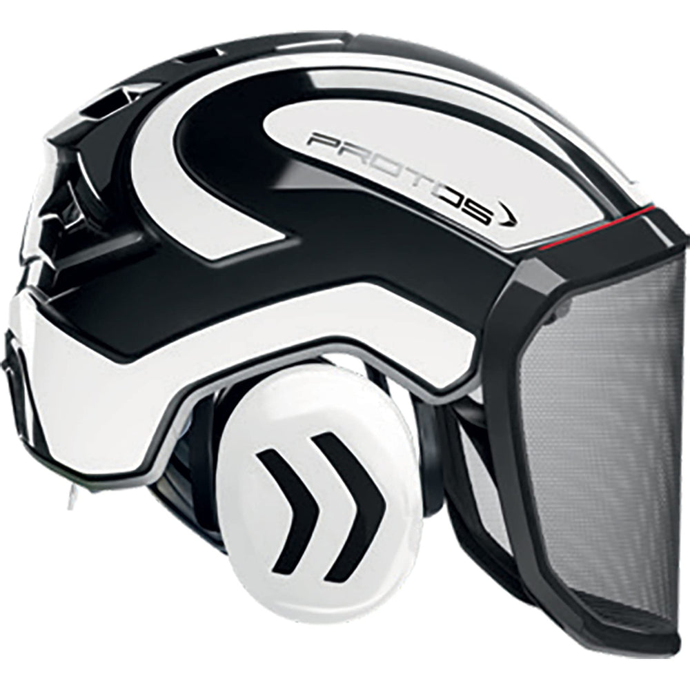 Pfanner Protos Integral Arborist Helmet front view in white and black for high visibility.