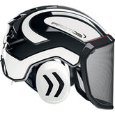 Pfanner Protos Integral Arborist Helmet front view in white and black for high visibility.