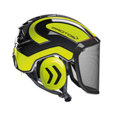 Pfanner Protos Integral helmet front view in yellow and black, high visibility for climbers