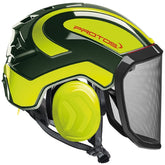 Pfanner Protos integral arborist helmet in olive-yellow, side view highlighting energy absorption and lightweight design