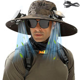 Front view of PickPeak Solar Fan Hat in camo khaki with wide brim