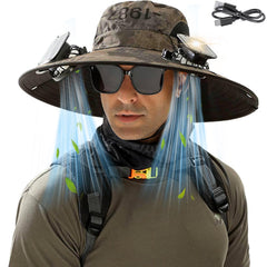 Front view of PickPeak Solar Fan Hat in camo khaki with wide brim