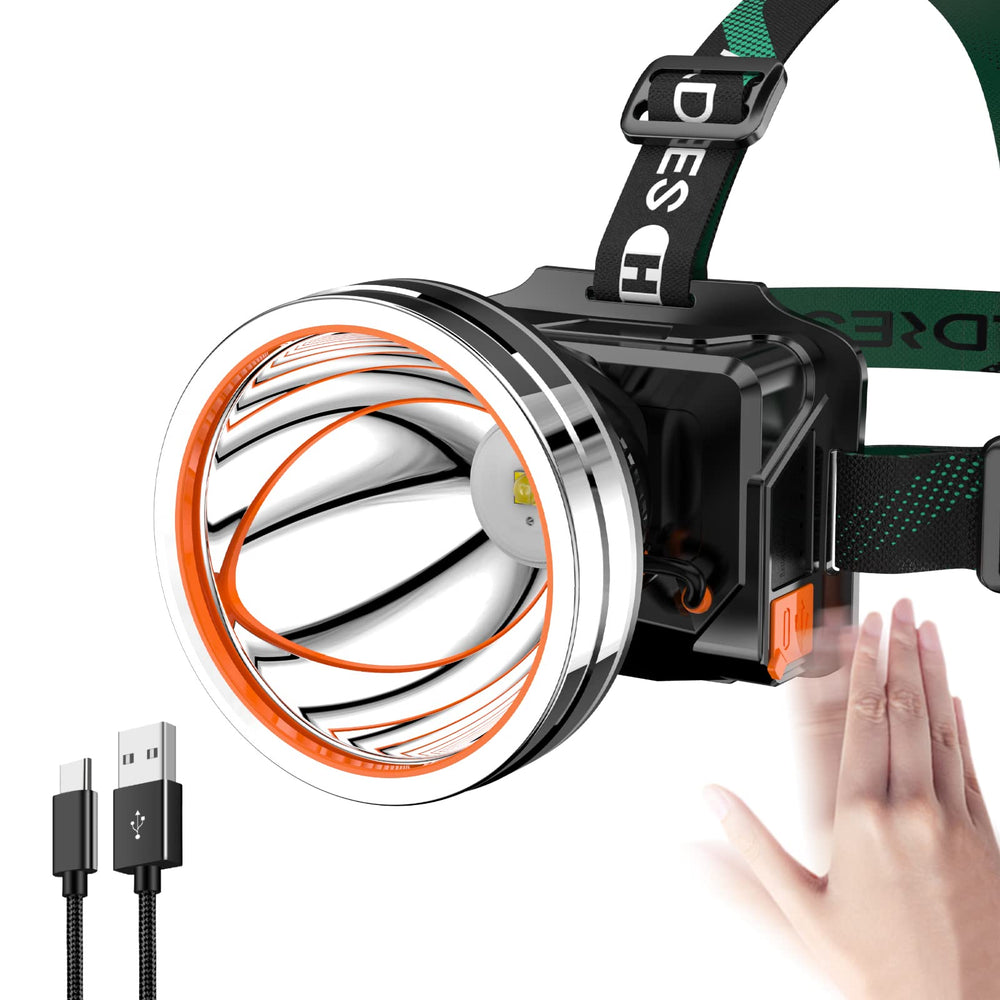 PINSAI high-power headlamp bright-beam shows long-range visibility for night hiking.
