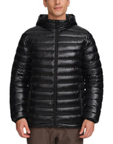 Pioneer Camp Puffer Jacket hooded front view showcases lightweight warmth for cold days.