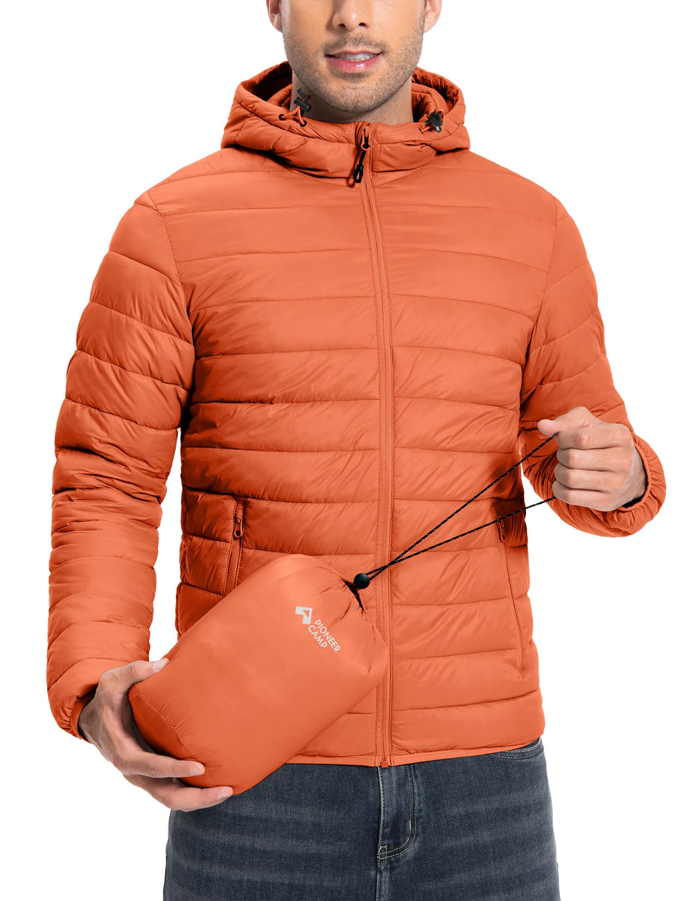 Pioneer Camp Puffer Jacket hooded front view offering warm comfort for cold outdoor activities.