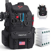 Piscifun 52L fishing tackle backpack with rod holders and 17 compartments, front view