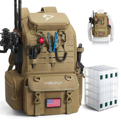 Front view of Piscifun 52L fishing tackle backpack showing rod holders