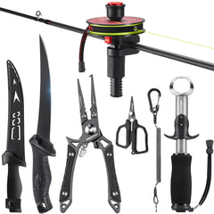 Piscifun 6pc Fishing Tool Kit laid out showing all components