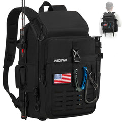 Piscifun fishing tackle backpack front view with rod holder and accessible compartments.