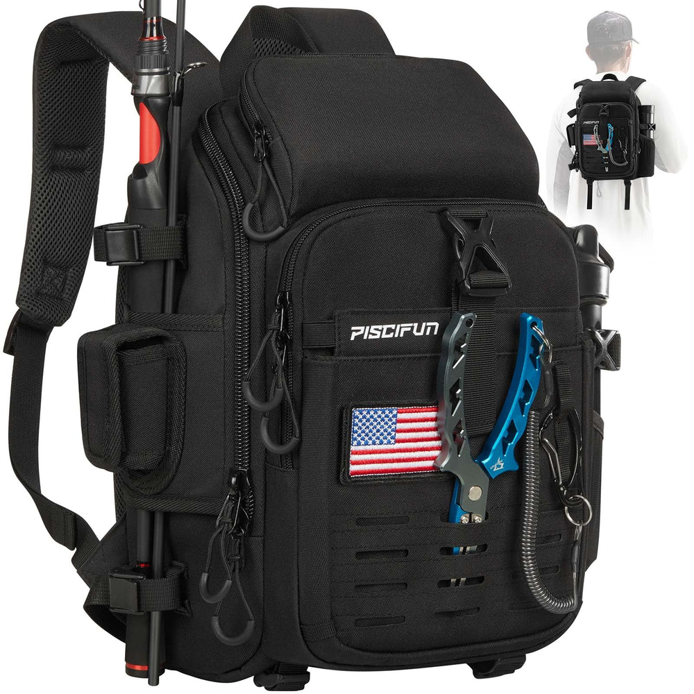 Piscifun fishing tackle backpack with rod holder keeps gear organized on trips.