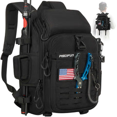 Piscifun fishing tackle backpack with rod holder keeps gear organized on trips.