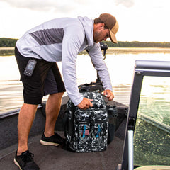 Piscifun fishing tackle backpack side view highlighting rod holders for secure pole transport.