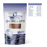 Piscine Energetics PE Pellets Saltwater 1mm packaging closeup; easy to serve for small saltwater fish.