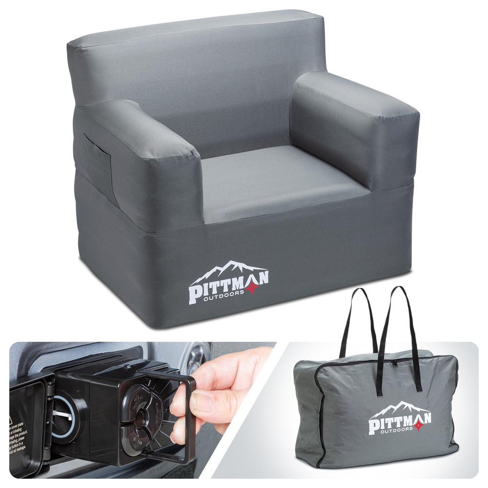 Pittman Outdoors inflatable chair with built-in pump in use for quick setup on camping trips.