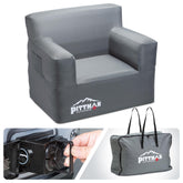 Pittman Outdoors inflatable chair with built-in pump in use for quick setup on camping trips.