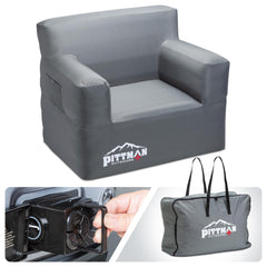 Pittman Outdoors inflatable chair with built-in pump in use for quick setup on camping trips.