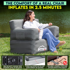 Pittman Outdoors inflatable chair with headrest offers relaxed seating by the campfire.