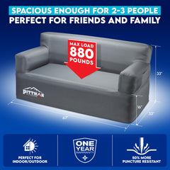 Pittman Outdoors inflatable couch shows durable 1000D fabric for rugged use.
