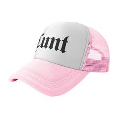 Piuuixe Cunt Funny Adjustable Mesh Trucker Hat Pink, front view for daily wear.