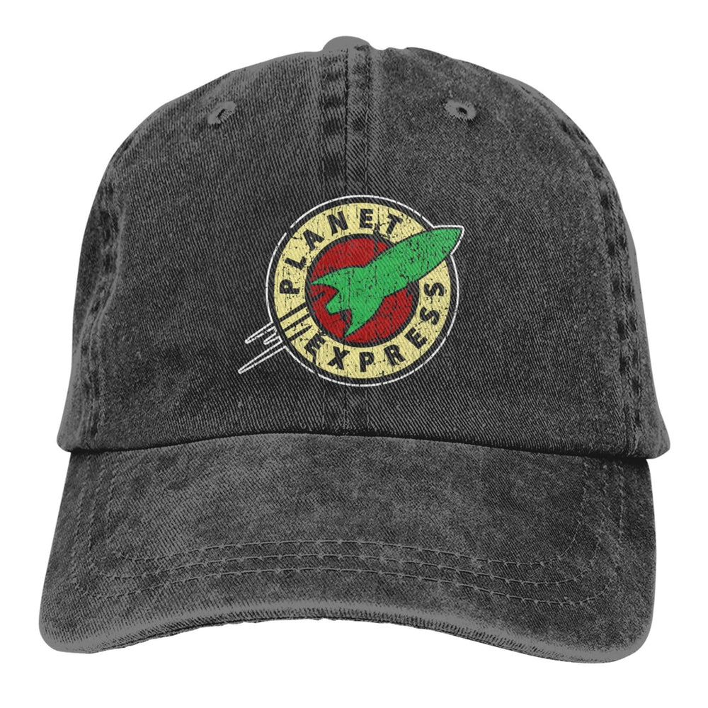 Planet Express men's black adjustable vintage washed denim baseball cap - front view