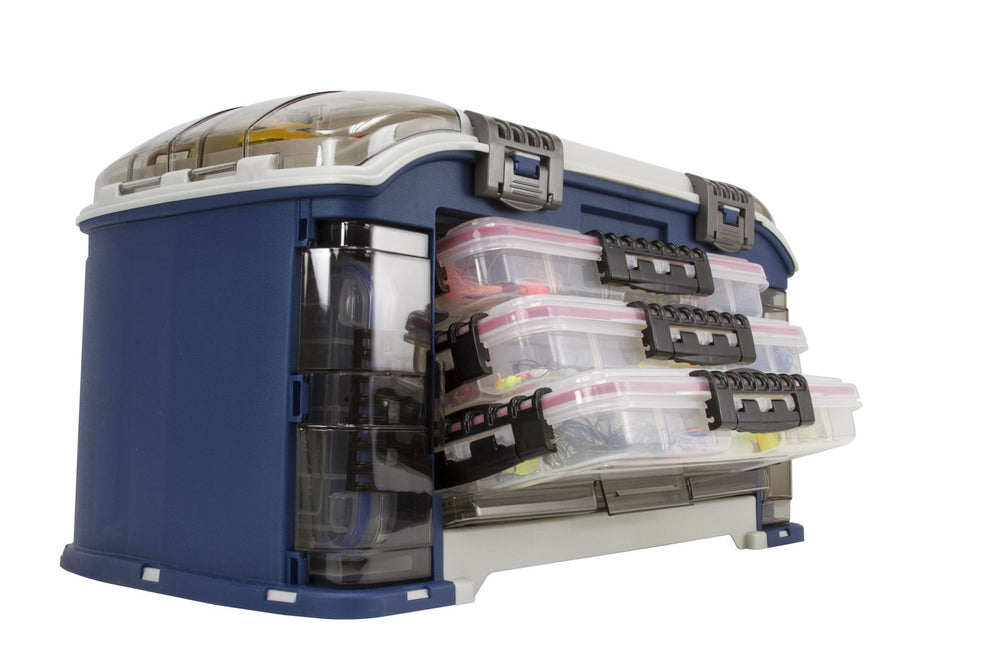 Plano Elite Series Ultimate Angled Tackle System in blue shown on deck for organized storage on the water.