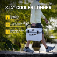 Plano Frost 32-quart cooler lid-open view with built-in bottle opener.