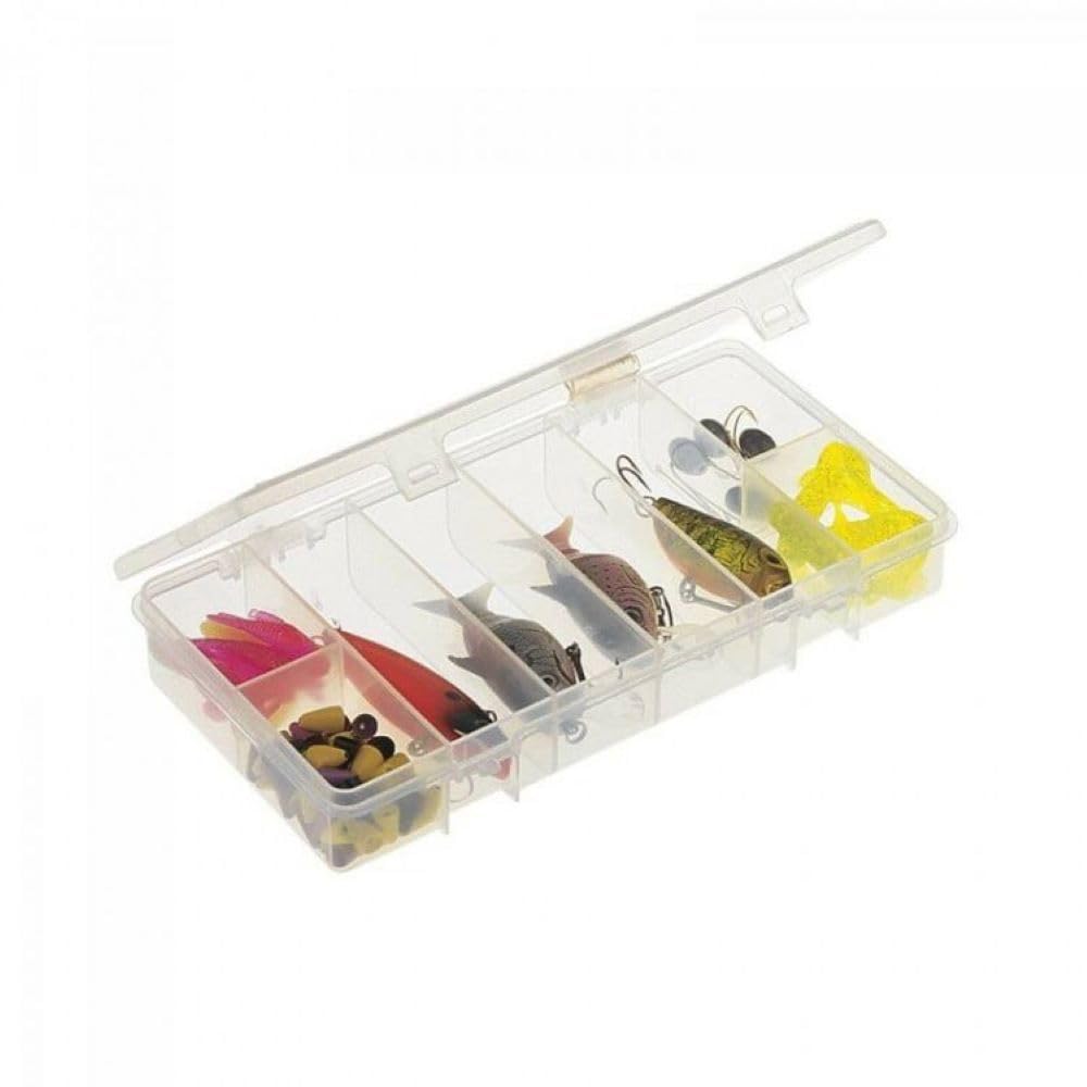 Plano StowAway 6 fixed compartment box clearly organizes small items for easy access.