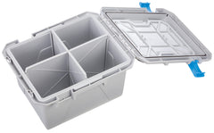 Close up of ABS latch on Plano Synergy HD Marine Box Gray Blue