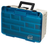 Plano Two-Level Magnum 3500 tackle box with sandstone/blue lid enabling quick gear visibility.