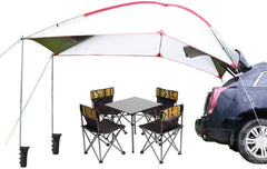 PlayDo teardrop awning front view showing sun shelter over vehicle