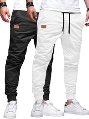 PLEPAN mens casual cargo joggers black front view with adjustable drawstring for a customizable fit