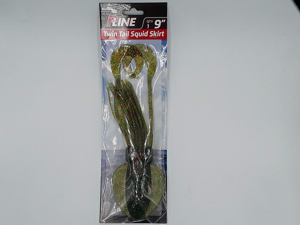 P-Line Twin Tail Squid lure in motor oil multi glitter attracts saltwater predators.
