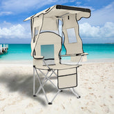 PLKO camping chairs with canopy extended for cooling shade on sunny days.