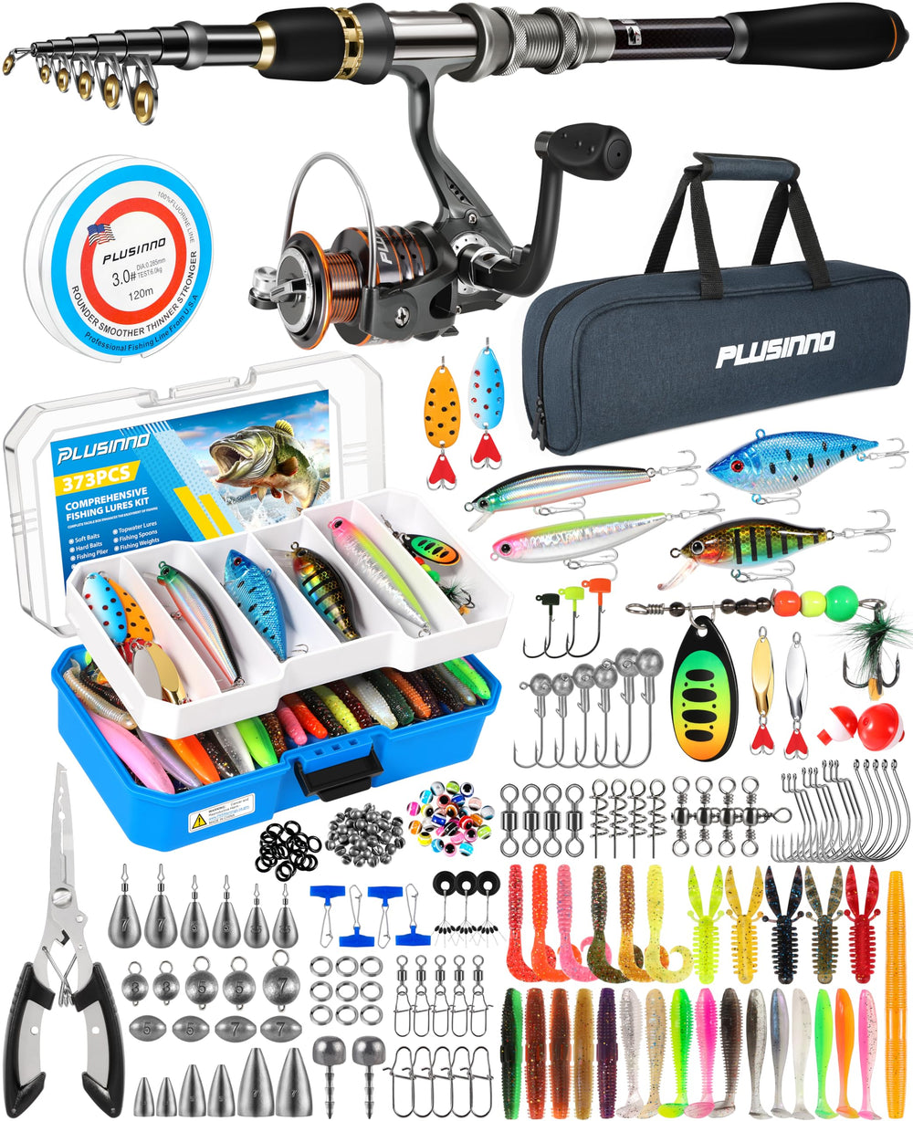 PLUSINNO collapsible rod and reel ready for portable bass fishing.