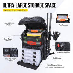 PLUSINNO fishing backpack with 16 pockets keeps tackle organized