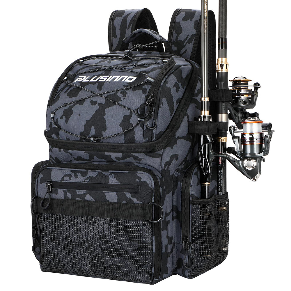 PLUSINNO fishing backpack with rod holders on rugged 900D fabric for durable outdoor use