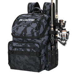 PLUSINNO fishing backpack with rod holders on rugged 900D fabric for durable outdoor use