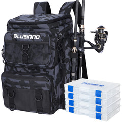 PLUSINNO fishing backpack with rod holders keeps gear organized on long angling trips.