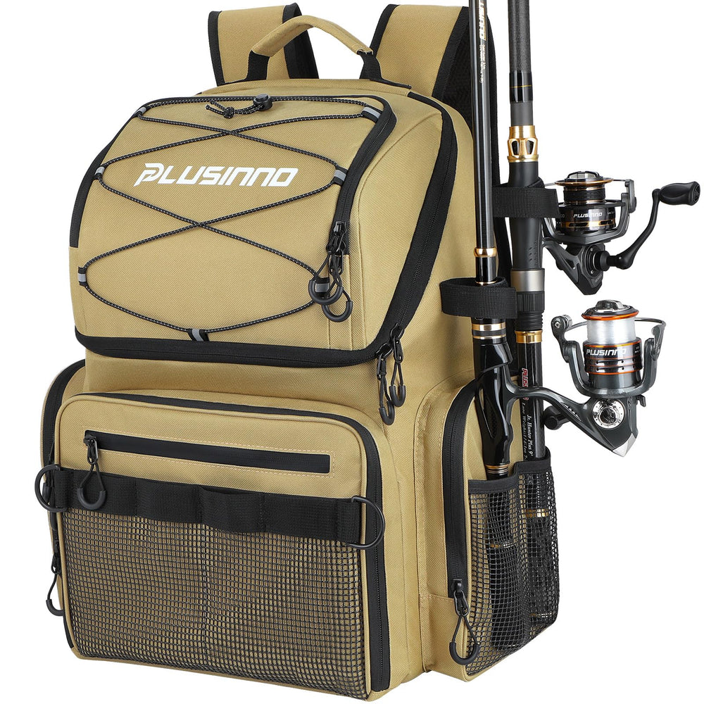 PLUSINNO fishing backpack with rod holders for organized gear on the water.
