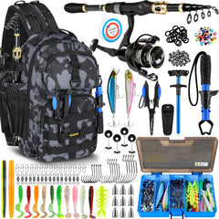 PLUSINNO fishing backpack with rod and reel combo - front view