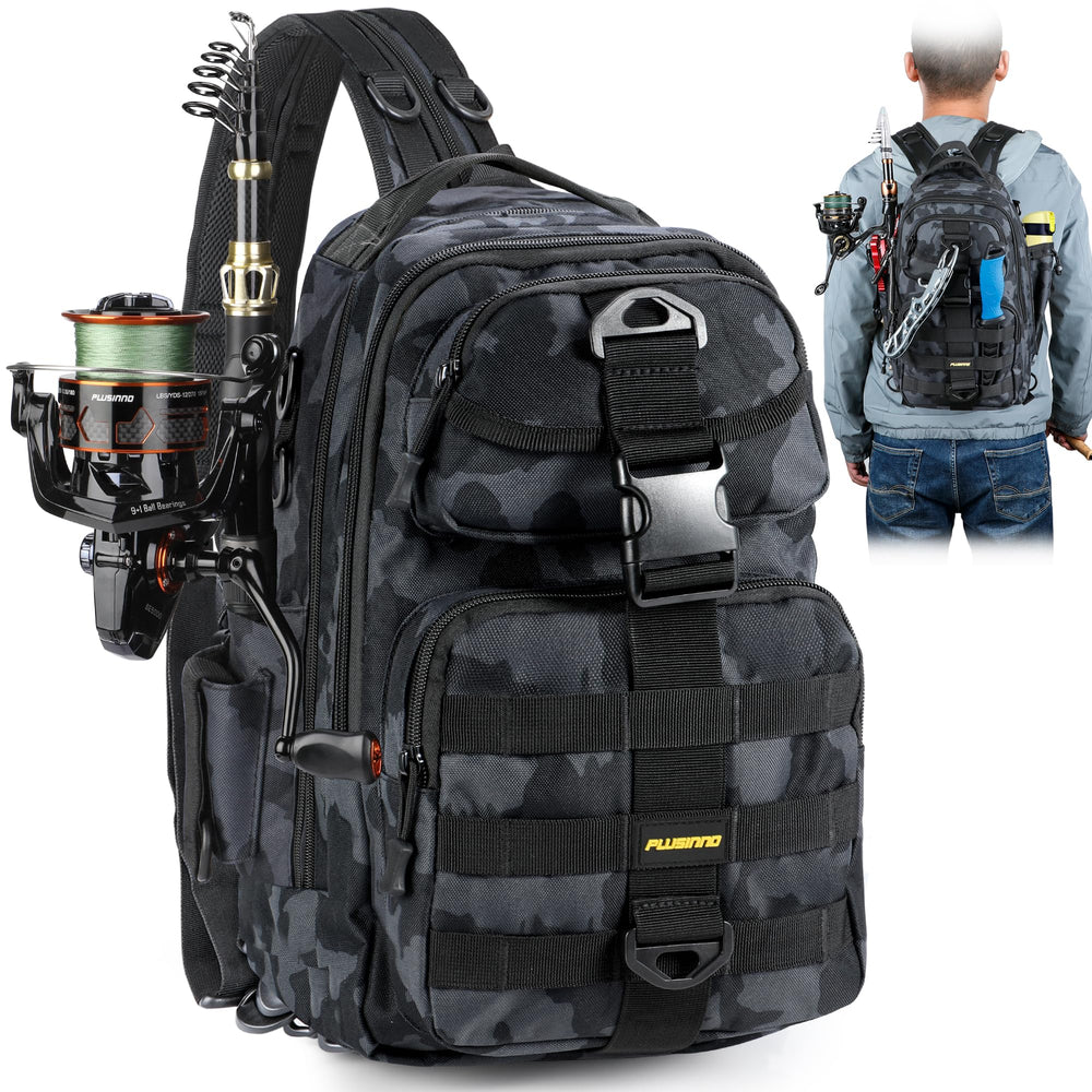 PLUSINNO Fishing Backpack water-resistant exterior ideal for all-weather storage during fishing trips.