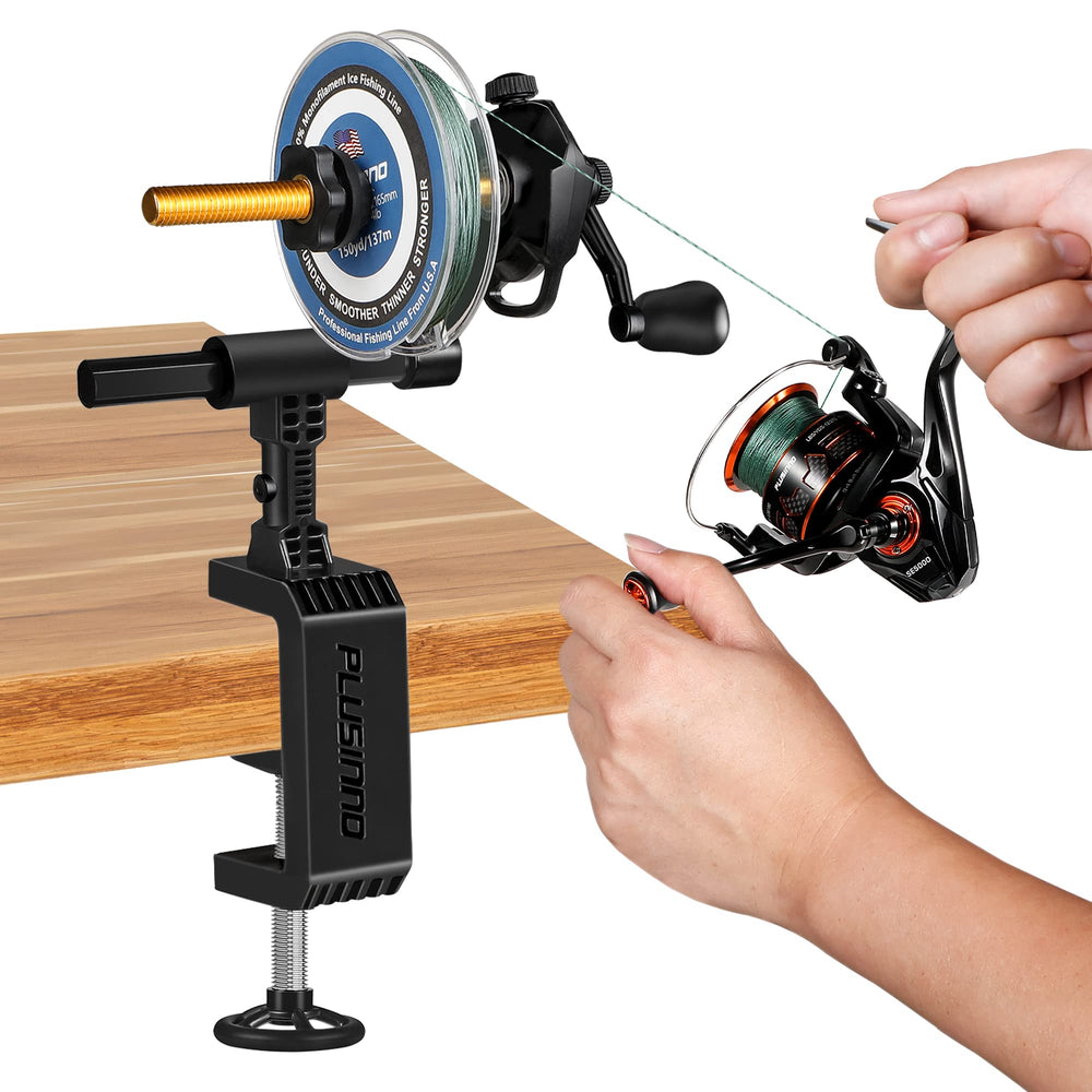 PLUSINNO fishing line spooler mounted on a table clamp enables smooth twist free line transfer.