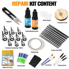 Wrapping thread, masking tape and scissors for rod repair