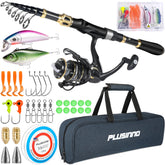 PLUSINNO fishing rod and reel combo with telescopic collapsible design for easy travel and storage
