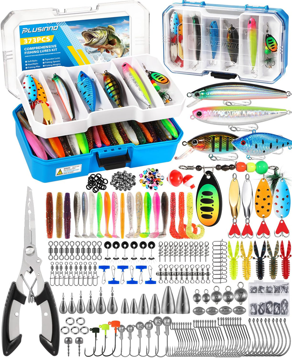 PLUSINNO fishing tackle box opened showing compartments and reusable tray